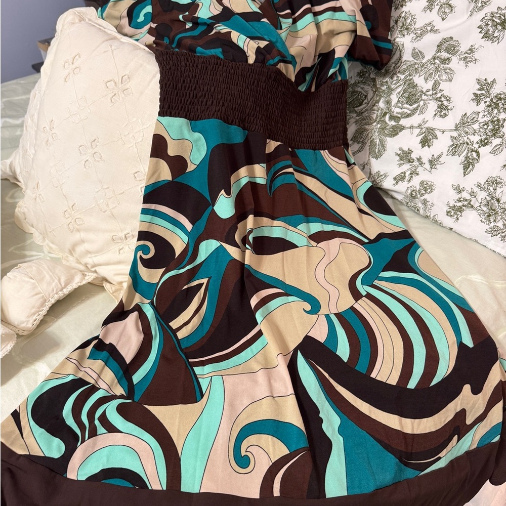 Rabbit Rabbit Rabbit Brown and Green Puff Sleeve Dress - Picture 2 of 9